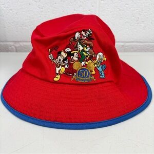 Vintage Disneyland 50th Anniversary Red and Blue Bucket Hat w/ characters